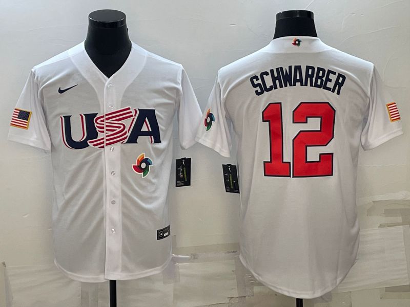 Men 2023 World Cub USA #12 Schwarber White Nike MLB Jersey11
